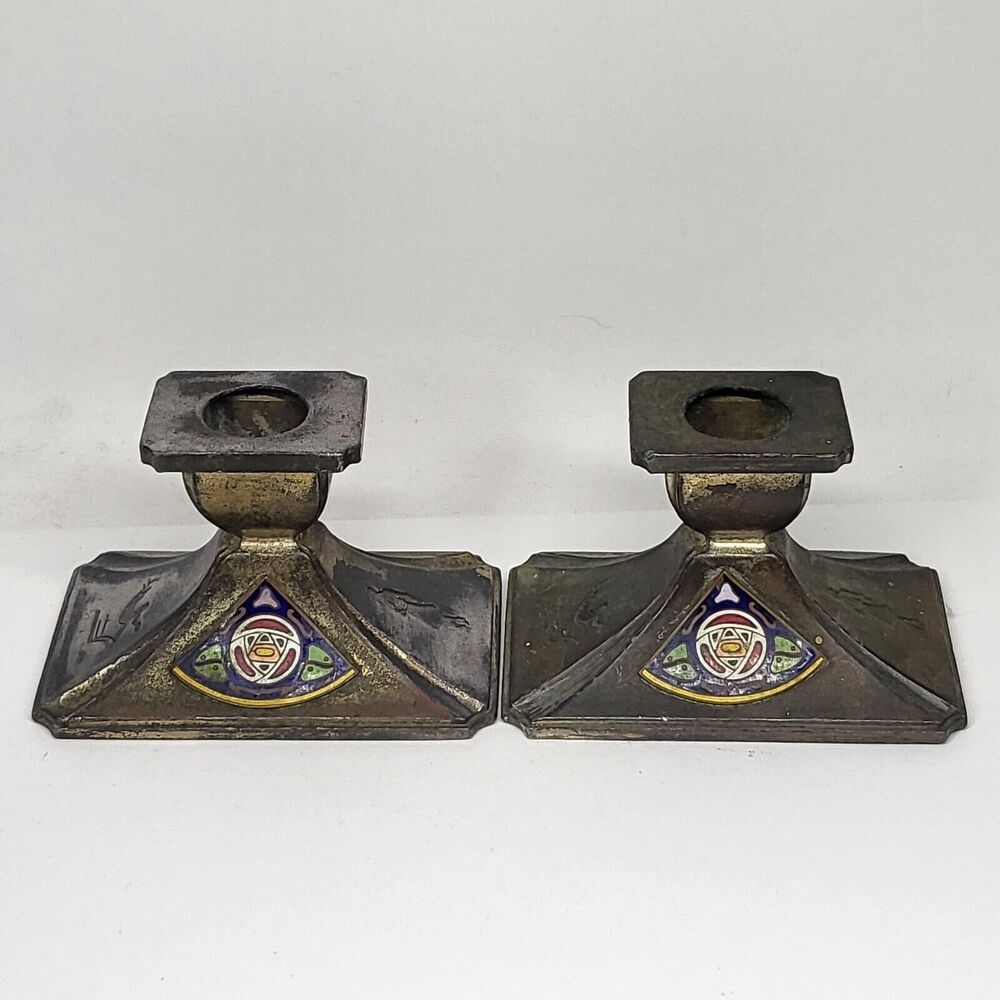 Pair Metal Candleholders w/Enamel Emblem Japan Vintage Art Deco